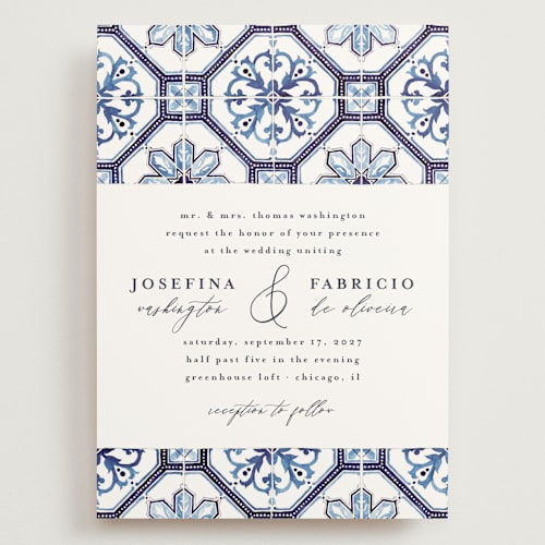 This is a azure wedding invitations with standard by Anastasia Makarova called watercolor azulejo printing on signature in grand
