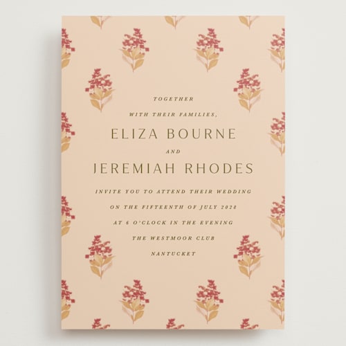 This is a sunset wedding invitations with standard by Olivia Kanaley Inman called blockprint printing on signature in grand