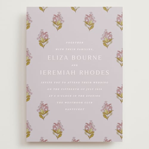 This is a violet wedding invitations with standard by Olivia Kanaley Inman called blockprint printing on signature in grand