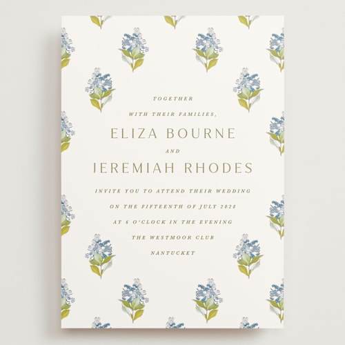 This is a bluebell wedding invitations with standard by Olivia Kanaley Inman called blockprint printing on signature in grand