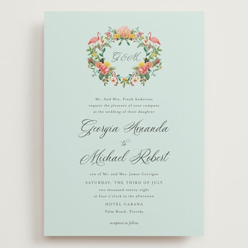 This is a papaya wedding invitations with standard by Susan Moyal called tropical crest printing on signature in grand