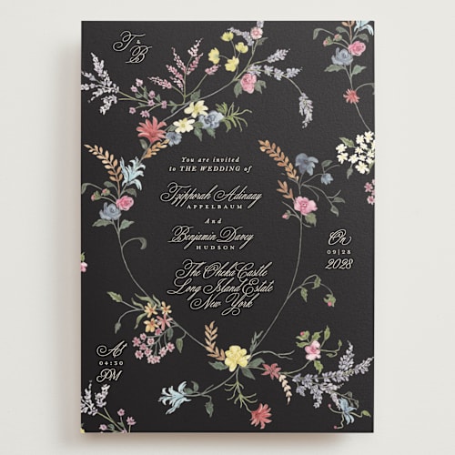This is a midnight park wedding invitations with standard by Phrosné Barwood called whimsey floral printing on signature in grand