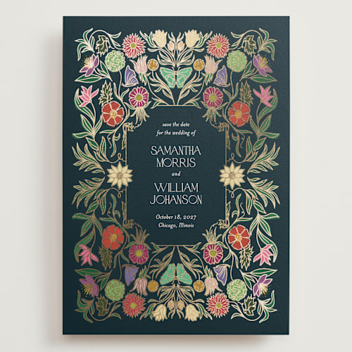 This is a midnight garden foil stamped save the date cards with foil pressed by Simona Camp called gilded tapestry printing on signature in grand