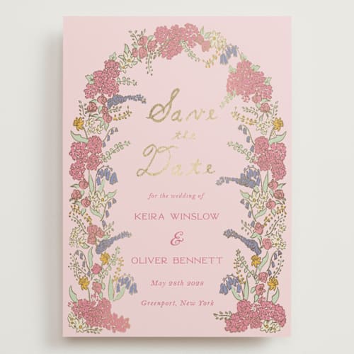 This is a tea rose foil stamped save the date cards with foil pressed by Sarah Rosenthal called evergold blooms printing on signature in grand