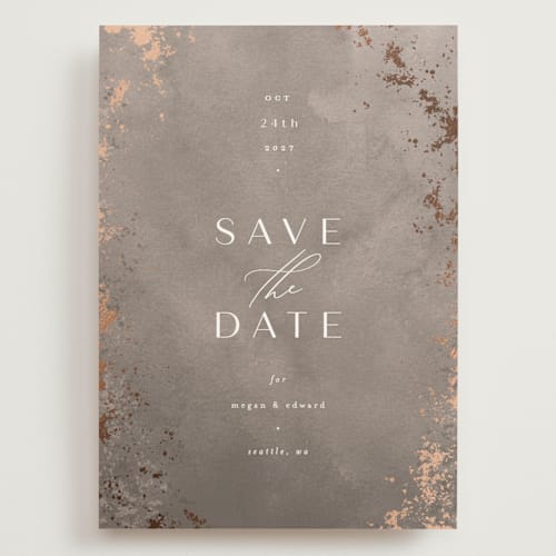This is a concrete foil stamped save the date cards with foil pressed by Everett Paper Goods called plaster printing on signature in grand