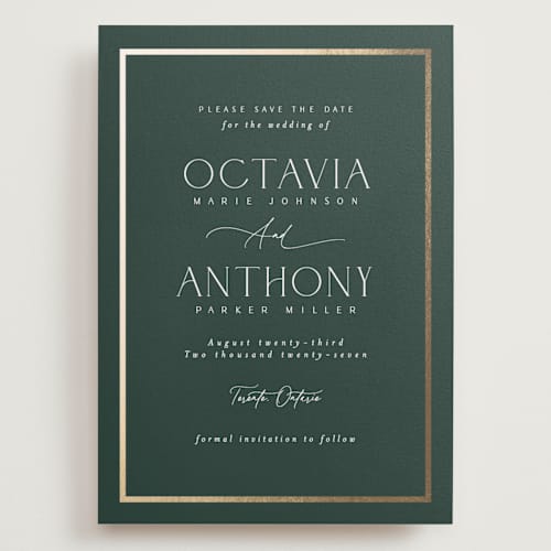 This is a evergreen foil stamped save the date cards with foil pressed by Nicole Walsh called regal printing on signature in grand