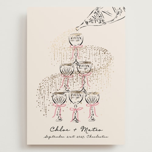 This is a petal foil stamped save the date cards with foil pressed by Jackie Crawford called sparkling champagne tower printing on signature in grand