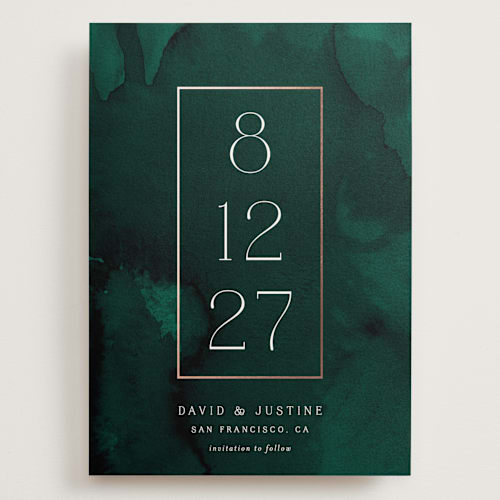 This is a jade foil stamped save the date cards with foil pressed by Kerry Doyle called modernized printing on signature in grand
