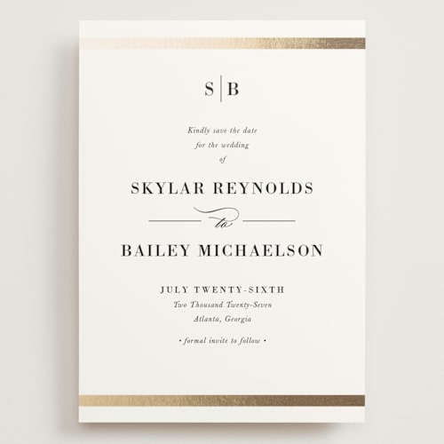 This is a powder foil stamped save the date cards with foil pressed by Stacey Meacham called classic monogram printing on signature in grand