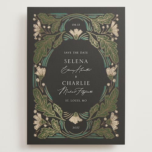 This is a lily foil stamped save the date cards with foil pressed by Jen Owens called embellished printing on signature in grand