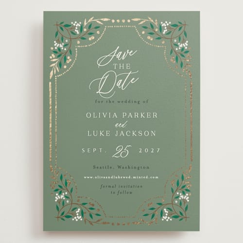 This is a evergreen foil stamped save the date cards with foil pressed by Alethea and Ruth called illuminated storybook printing on signature in grand