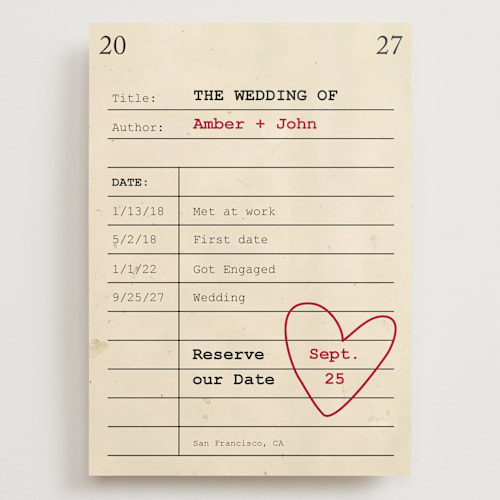 This is a red hot save the date with standard by Ilene Guy called reserve our date printing on signature in grand