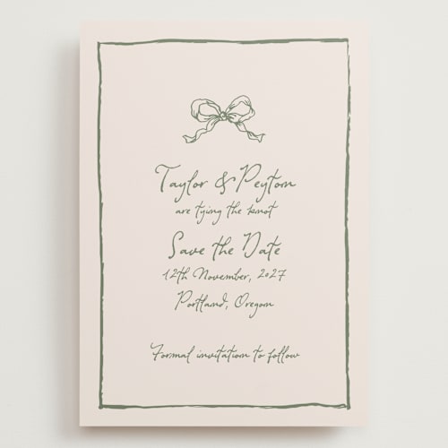This is a moss save the date with standard by Cass Loh called ribbon bow drawing printing on signature in grand