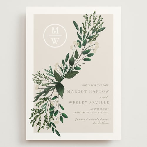 This is a taupe save the date with standard by Kaydi Bishop called watermark printing on signature in grand