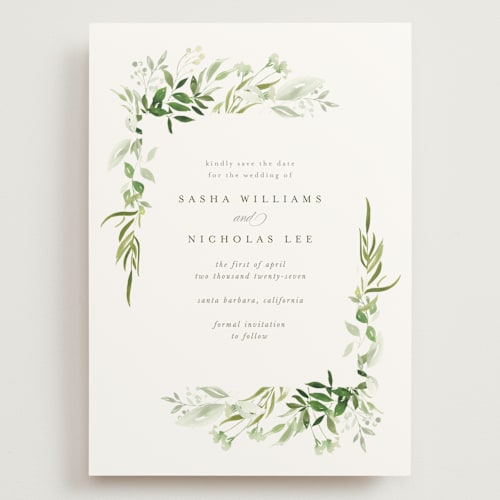 This is a garden save the date with standard by Leah Bisch called verdure printing on signature in grand