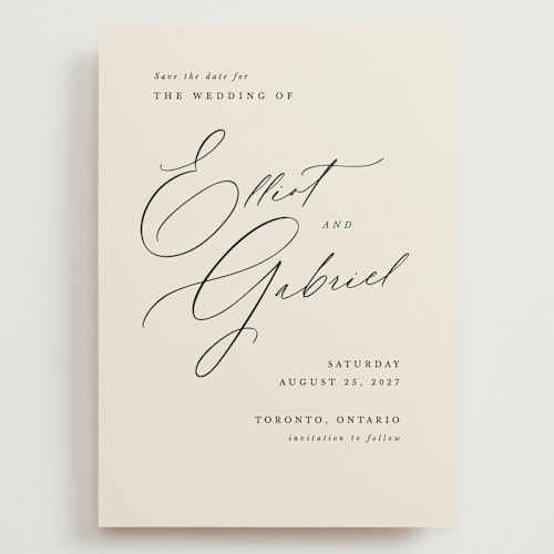 This is a ecru save the date with standard by Hooray Creative called scripted names printing on signature in grand