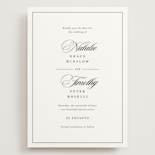 This is a noir save the date with standard by Kimberly FitzSimons called sincerity printing on signature in grand