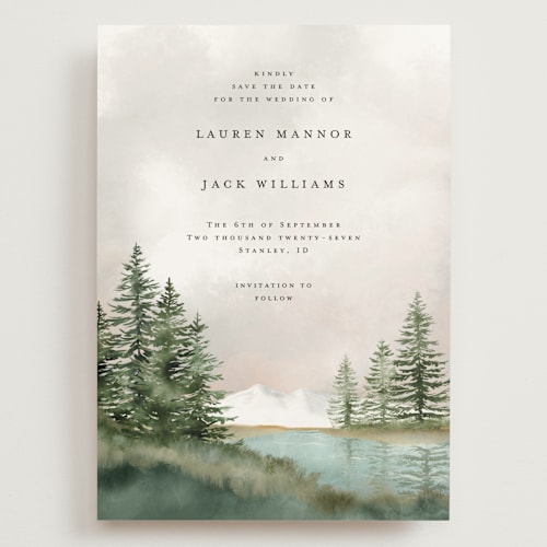 This is a forest save the date with standard by Petra Kern called montagna printing on signature in grand