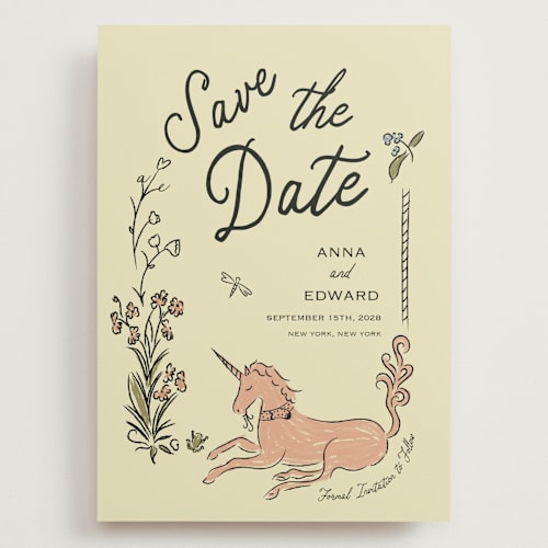 This is a oat save the date with standard by Helena Vitto called love rests in a garden printing on signature in grand