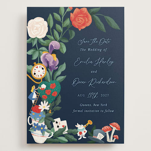 This is a evening save the date with standard by Elly called a garden tea party printing on signature in grand