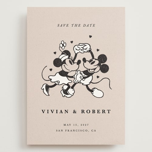 This is a retro save the date with standard by Sumak Studio called disney's retro mickey mouse and minnie mouse printing on signature in grand
