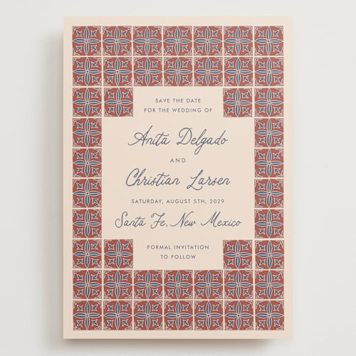 This is a terracotta save the date with standard by Katharine Watson called block print tile printing on signature in grand