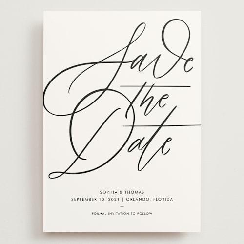 This is a snow save the date with standard by Kristen Smith called delicate dates printing on signature in grand