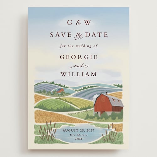 This is a sky blue save the date with standard by Paper Sun Studio called farm and field printing on signature in grand