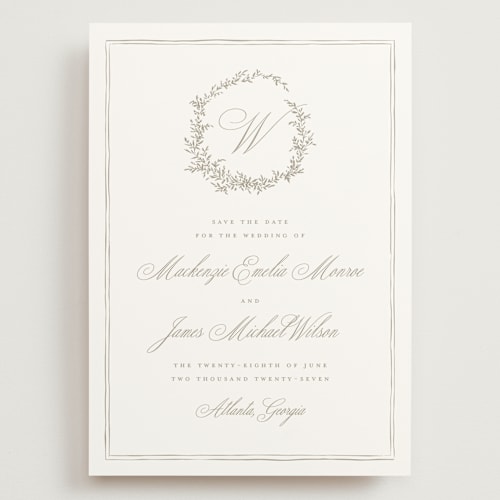 This is a chantilly save the date with standard by Wildfield Paper Co called romantic wreath printing on signature in grand