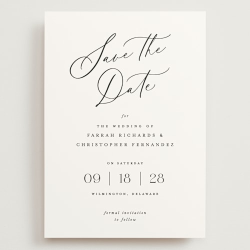 This is a pearl save the date with standard by Hooray Creative called beautifully scripted printing on signature in grand