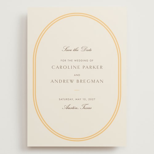 This is a melon save the date with standard by Megan Davis called bocce printing on signature in grand