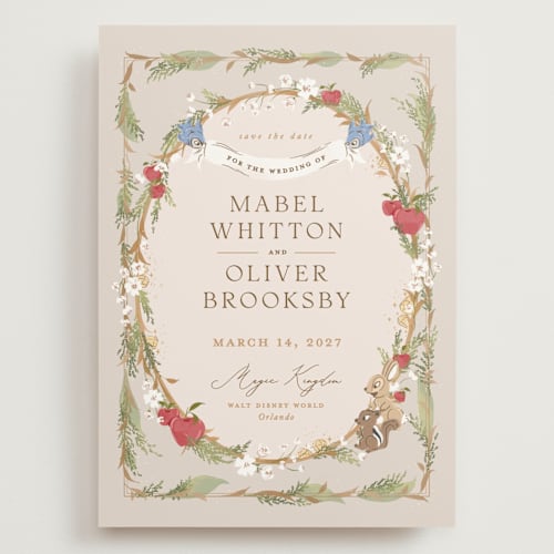 This is a forest floor save the date with standard by Erin L. Wilson called disney’s snow white someday printing on signature in grand