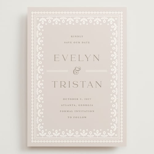 This is a cream save the date with standard by Kristen Smith called lace trim printing on signature in grand