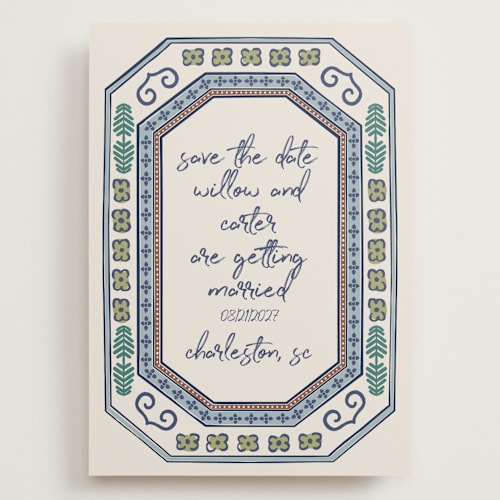 This is a neptune save the date with standard by Kelly Watkins called vase printing on signature in grand