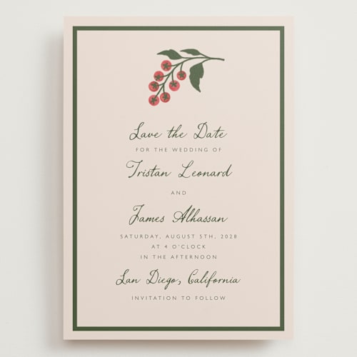 This is a sand save the date with standard by Katharine Watson called tomato vine printing on signature in grand