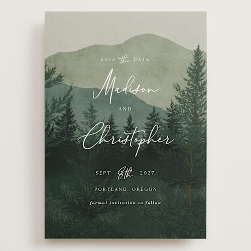This is a jade save the date with standard by Elly called the forest printing on signature in grand