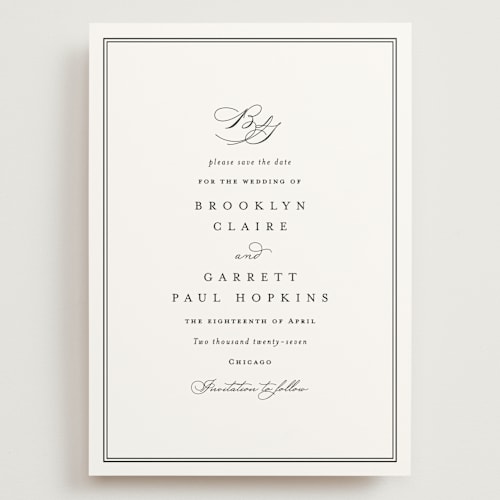 This is a noir save the date with standard by Amy Kross called overlapping printing on signature in grand