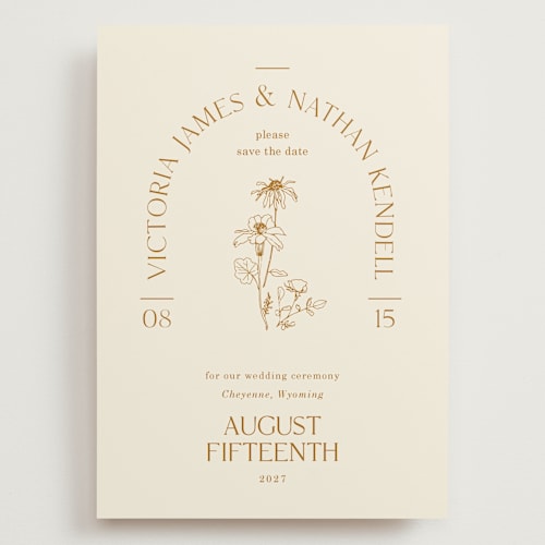 This is a cream save the date with standard by Baumbirdy called floral type arch printing on signature in grand