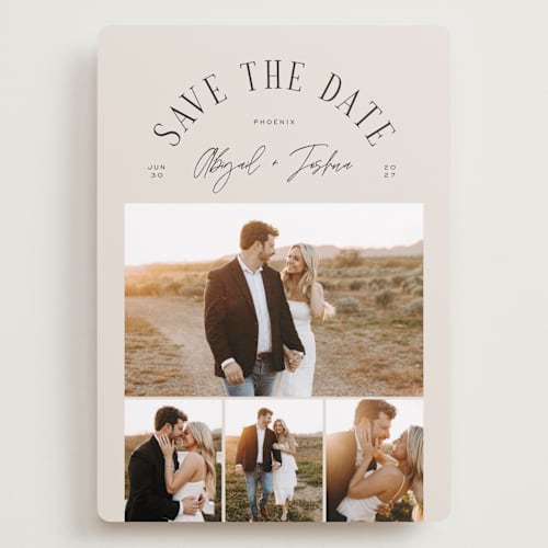 This is a taupe save the date with standard by Michelle Taylor called archway printing on recycled smooth signature in grand