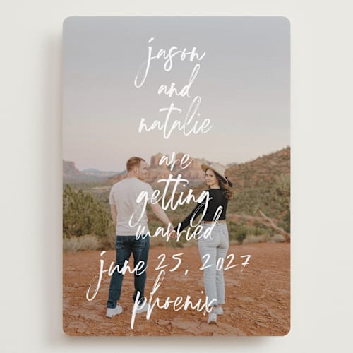 This is a marshmallow save the date with standard by Keen Peachy called oh by the way printing on recycled smooth signature in grand