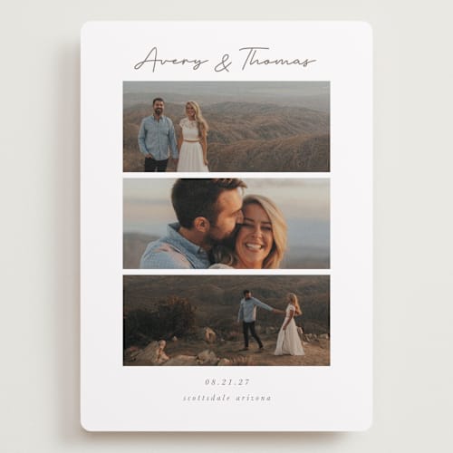 This is a linen save the date with standard by Jen Tips called soulmates printing on recycled smooth signature in grand
