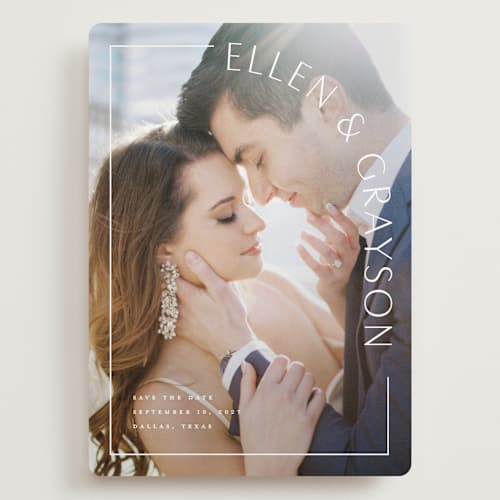This is a snow save the date with standard by Lauren Chism called take shape printing on recycled smooth signature in grand