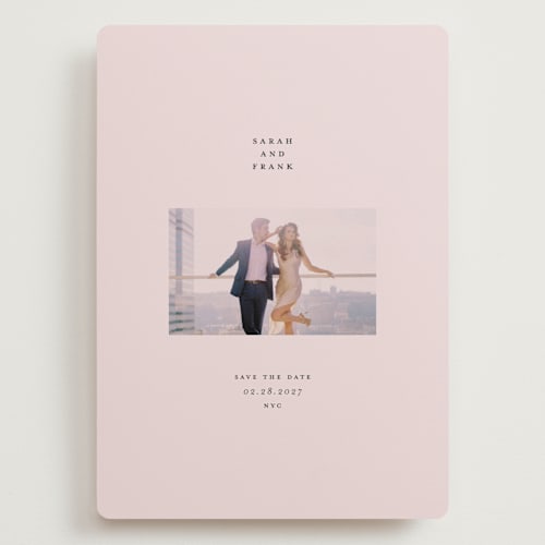 This is a petal save the date with standard by Laura Hamm called luxe printing on recycled smooth signature in grand