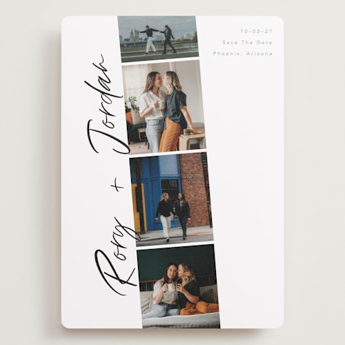 This is a vanilla save the date with standard by Chryssi Tsoupanarias called photobooth love printing on recycled smooth signature in grand