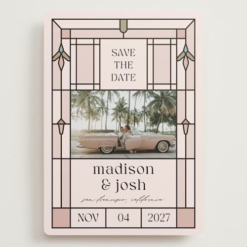 This is a corbusier save the date with standard by Claudia Orengo called art deco printing on recycled smooth signature in grand