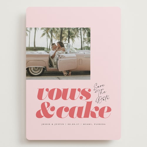 This is a coral save the date with standard by Laura Hamm called vows and cake printing on recycled smooth signature in grand