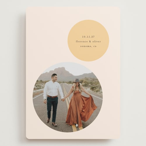 This is a sunshine save the date with standard by Pippa Shaw called gravity printing on recycled smooth signature in grand