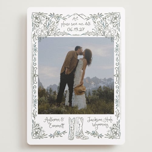 This is a meadow save the date with standard by Jenna Holcomb called jackson hole printing on recycled smooth signature in grand