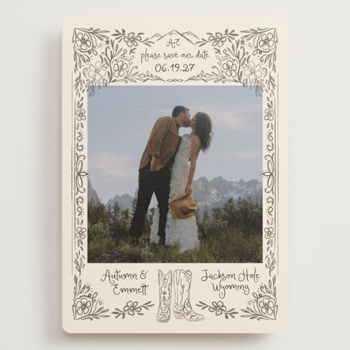 This is a leather save the date with standard by Jenna Holcomb called jackson hole printing on recycled smooth signature in grand