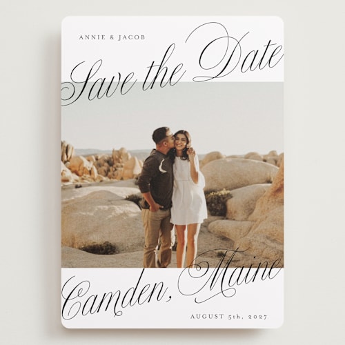 This is a snow save the date with standard by Katharine Watson called bold script frame printing on recycled smooth signature in grand